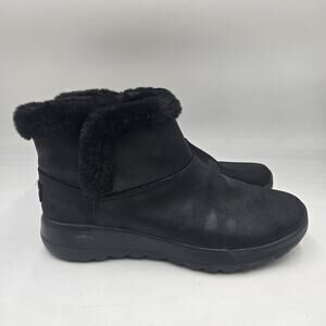 Skechers Air Cooled GOGA MAT Boots Womens 9 Black Slip On Ankle Faux Fur